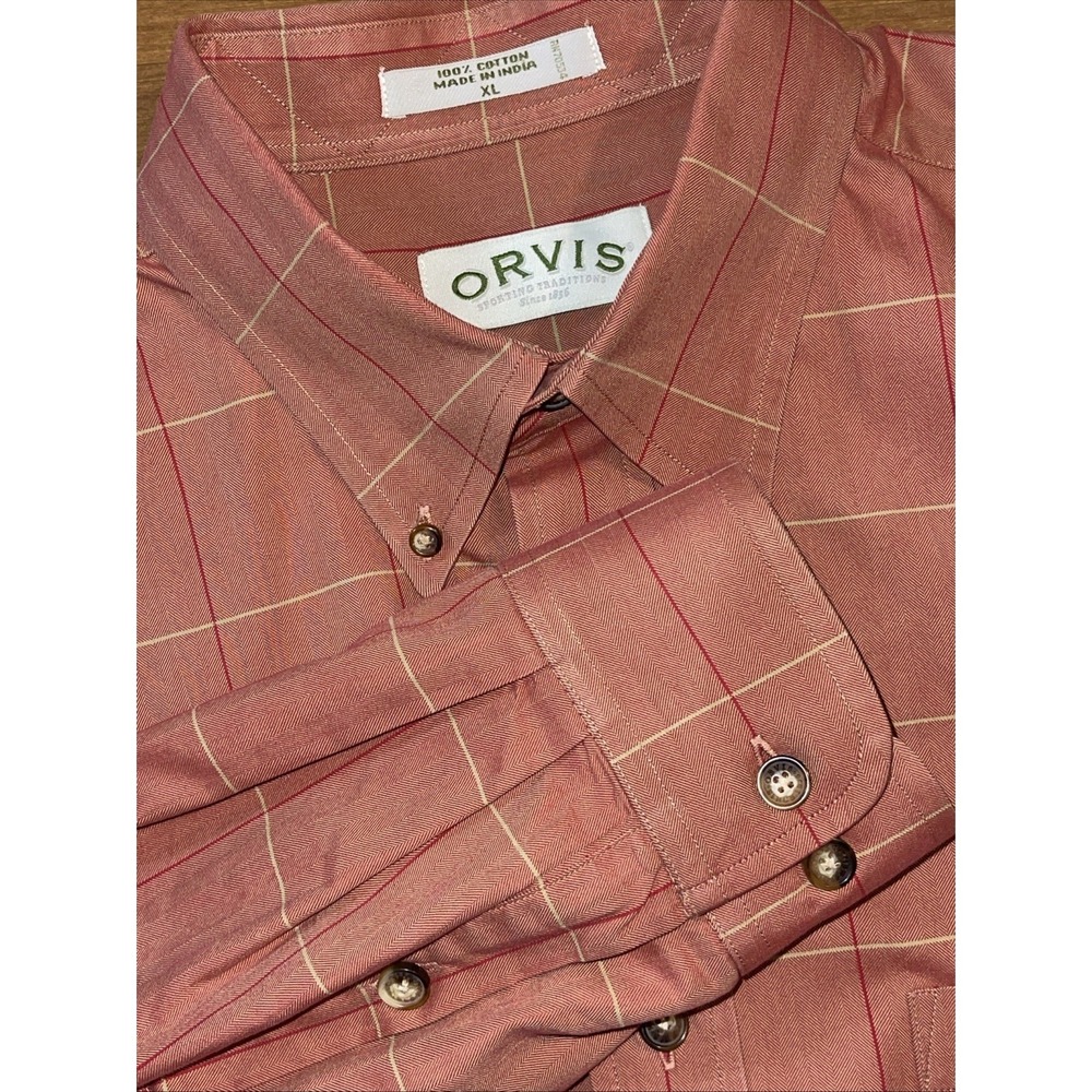 Orvis Shirt Men XL Terracotta Windowpane Herringbone Long Sleeve Button Down